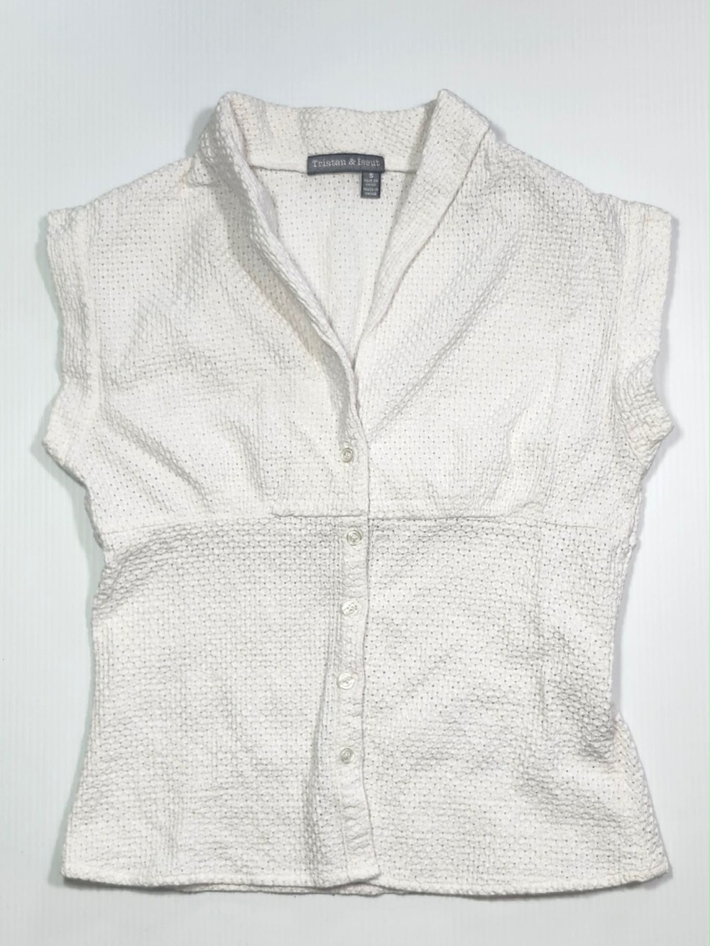 Vintage White Textured Button-Front Cap Sleeve Top